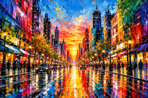 Colourful city street at sunset with wet reflective pavement, traffic, pedestrians and tall buildings painted in vivid blue, orange, pink and yellow.